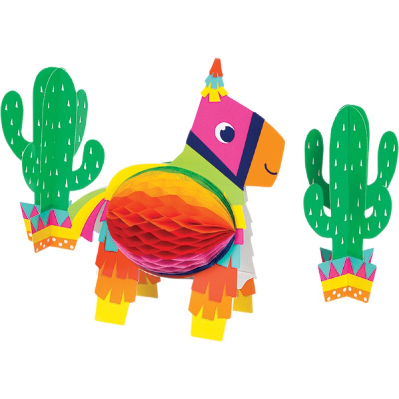 Colorful Fiesta Fun Centrepiece Honeycomb 3D decoration featuring a large 23cm centerpiece and two mini pieces for festive occasions.