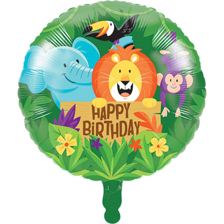 Vibrant 45cm Jungle Safari foil balloon with playful animal designs, perfect for elevating birthday celebrations.