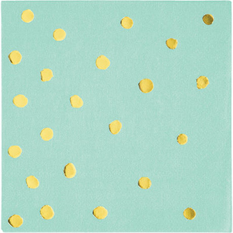 Fresh mint beverage napkins with gold foil dots, perfect for parties and elevating your event's style. Pack of 16.