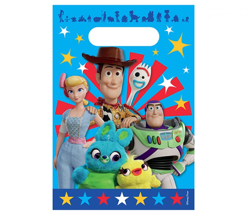 Colorful Toy Story 4 loot bags featuring Woody, Buzz, and Forky, perfect for kids' birthday party favors. Pack of 8.