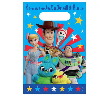 Colorful Toy Story 4 loot bags featuring Woody, Buzz, and Forky, perfect for kids' birthday party favors. Pack of 8.