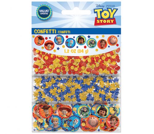 Vibrant Toy Story 4 confetti featuring Woody, Buzz, and Jessie for colorful party decorations and celebrations.