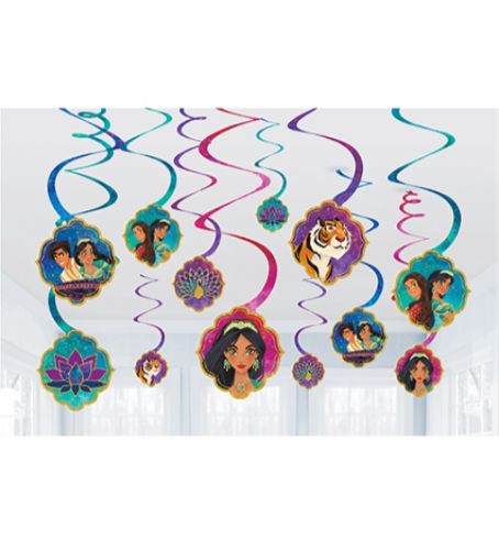 Vibrant Aladdin-themed spiral hanging decorations in a pack of 12, perfect for adding whimsy to parties and events.