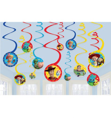 Colorful Toy Story 4 spiral decorations featuring Woody, Buzz, and Forky, perfect for festive party decor.