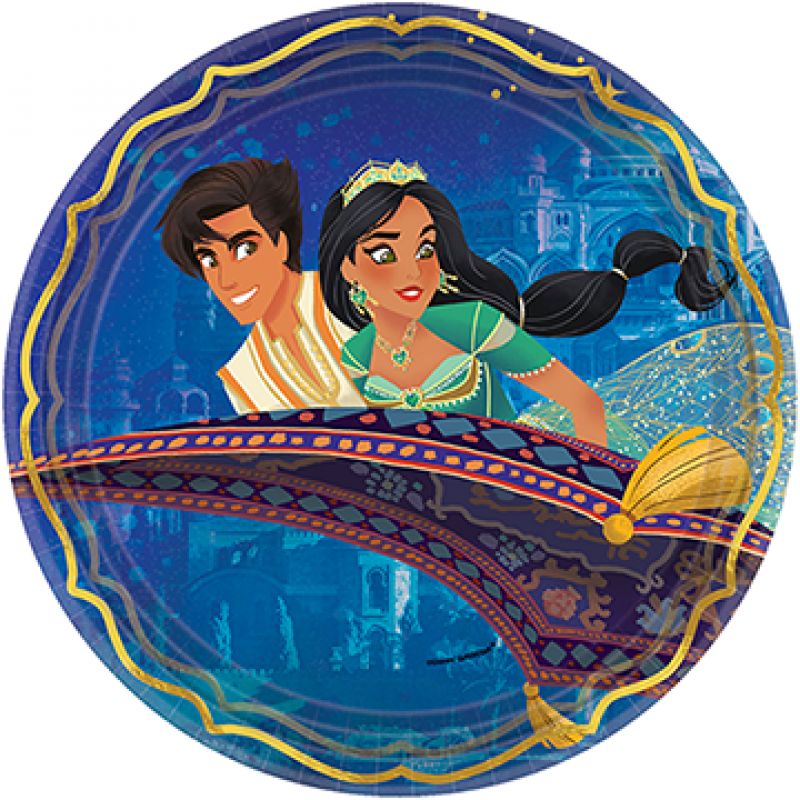 Aladdin 9" metallic paper plates pack of 8, perfect for elegant disposable dining at any celebration or gathering.