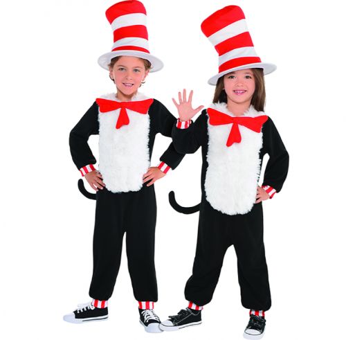 Child's Cat in the Hat jumpsuit costume in small, featuring a striped hat, detachable tail, and soft fabric for comfort.