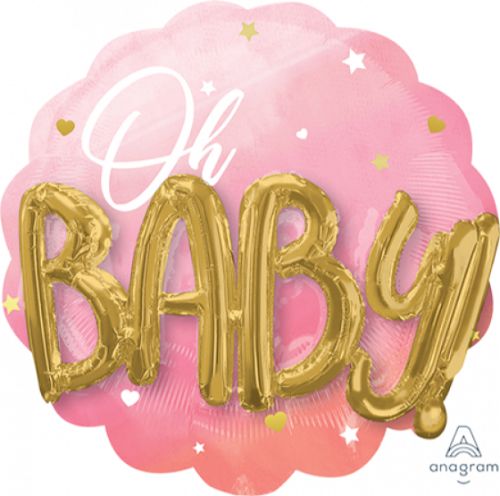 Self-sealing 71cm pink foil balloon with "Oh Baby" design, perfect for celebrating baby girl milestones and parties.