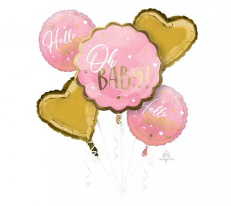 Bouquet of pink foil balloons with 'Oh Baby' message, perfect for baby showers or welcoming a newborn girl.