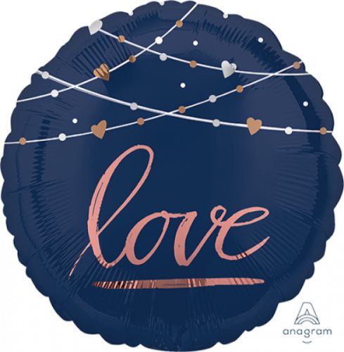 Navy self-sealing foil balloon featuring 'Love' artwork, perfect for enhancing wedding decor and celebrations.