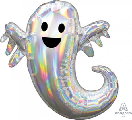 Iridescent holographic ghost balloon, 63cm x 71cm, perfect for Halloween celebrations and festive decor.