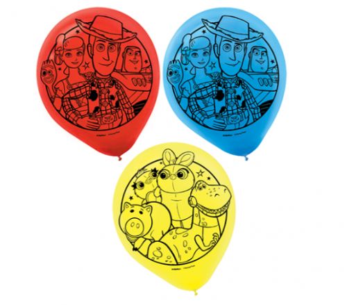 Colorful Toy Story 4 latex balloons featuring Woody and Buzz, perfect for children's parties, pack of 6, 12 inches each.