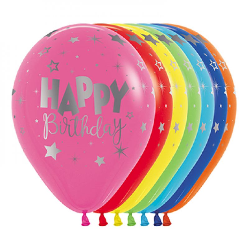 Vibrant 30cm assorted Metalink Happy Birthday balloons featuring metallic ink for festive celebrations, pack of 25.