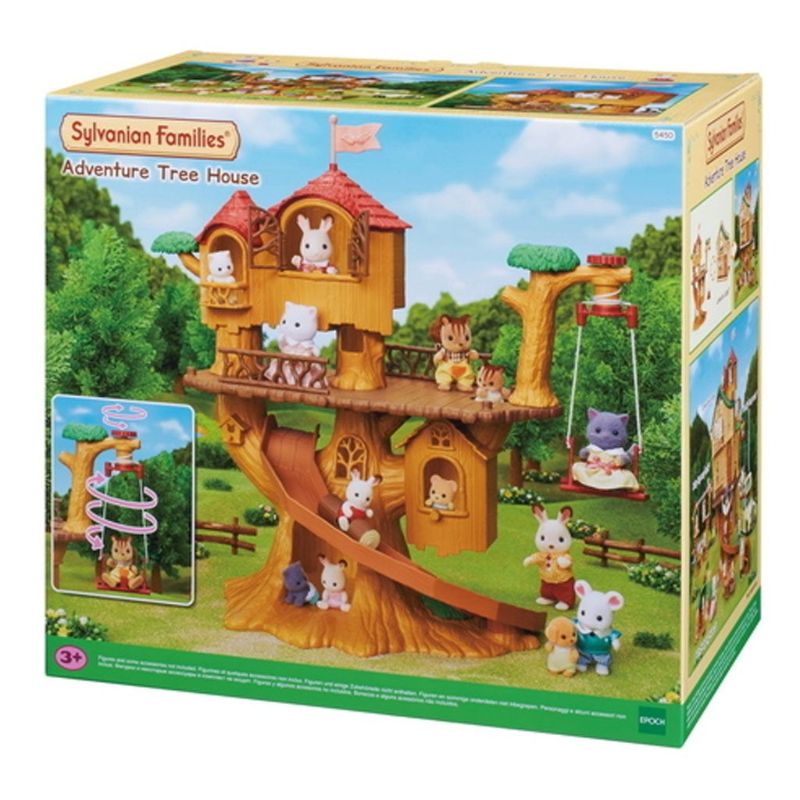 Colorful tree house playset with rope swing lift, slide, secret baby passage, and removable hut for imaginative role-play.