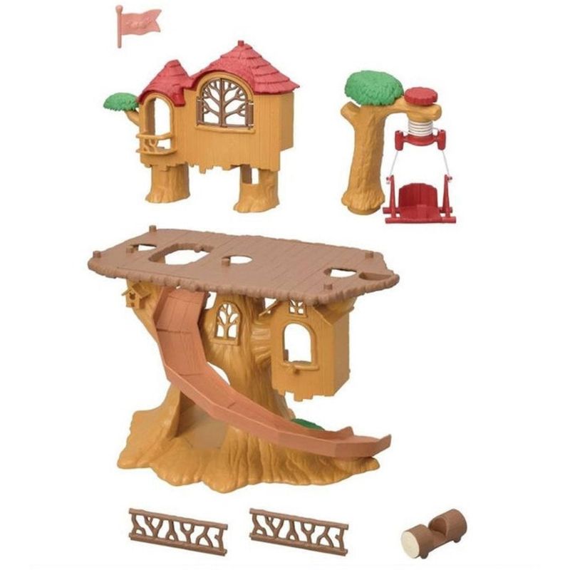 Colorful Sylvanian Families Adventure Tree House playset with rope swing, slide, and secret baby passage for imaginative fun.