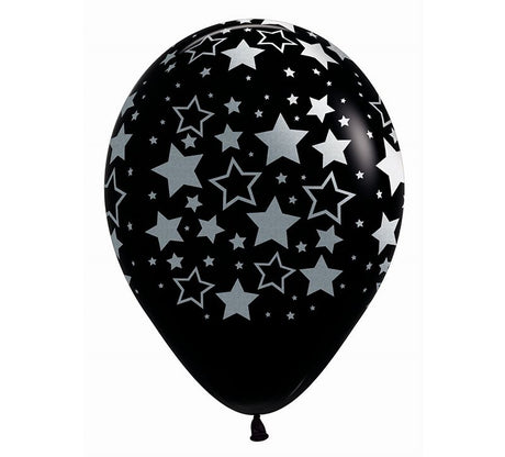 Pack of 25 black 30cm balloons with metallic stars, perfect for elegant party decorations and festive events.