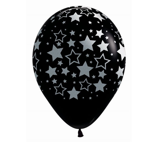 Black balloons with bold metallic stars, 30cm, perfect for elegant celebrations; pack of 12 for versatile decor options.