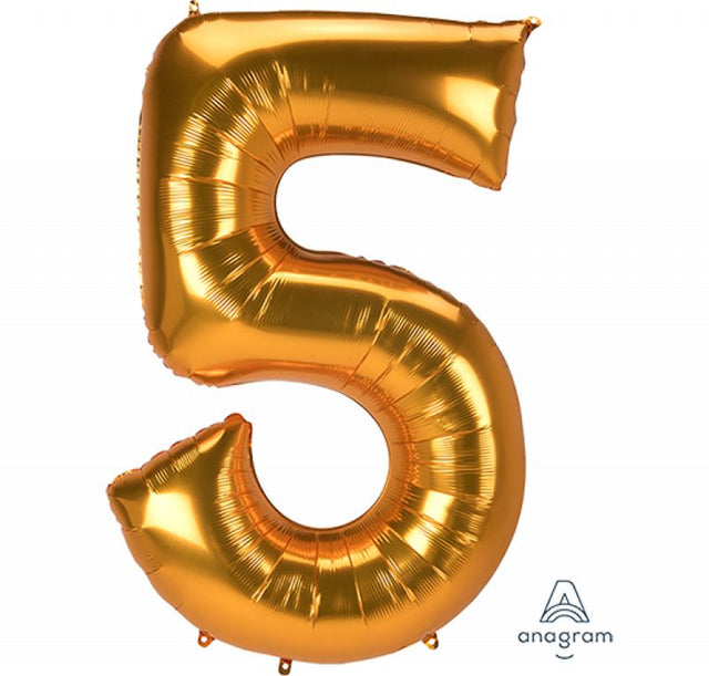 Supershape Jumbo Gold Number 5 foil balloon, 86cm x 132cm, perfect for adding glamour to celebrations and parties.