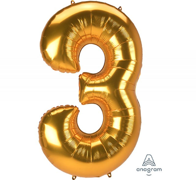 Gold Supershape Jumbo Number 3 foil balloon, 81cm x 134cm, perfect for birthdays and celebrations.