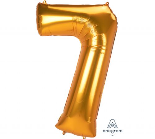 Large gold foil balloon shaped like the number 7, perfect for themed celebrations and memorable photo ops.