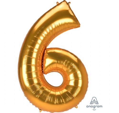 Jumbo gold foil balloon shaped like the number 6, measuring 83cm x 137cm, perfect for celebrations and events.