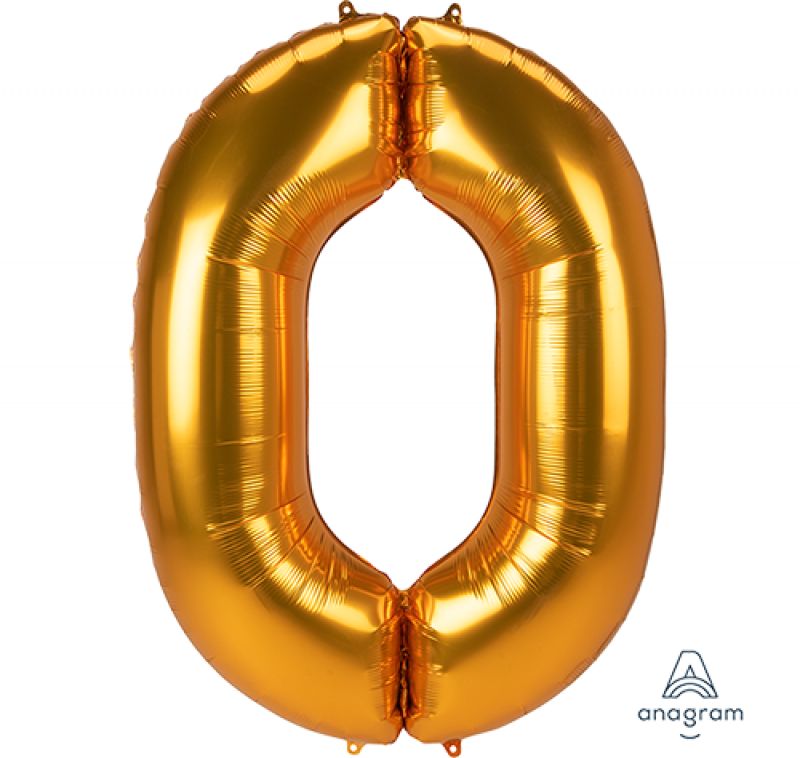 Gold Jumbo Number 0 foil balloon, 93cm x 134cm, ideal for celebrations and events, retains helium for long-lasting use.