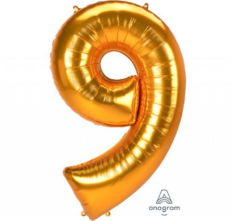 Jumbo gold foil balloon in the shape of number 9, 83cm x 137cm, perfect for birthdays and celebrations.