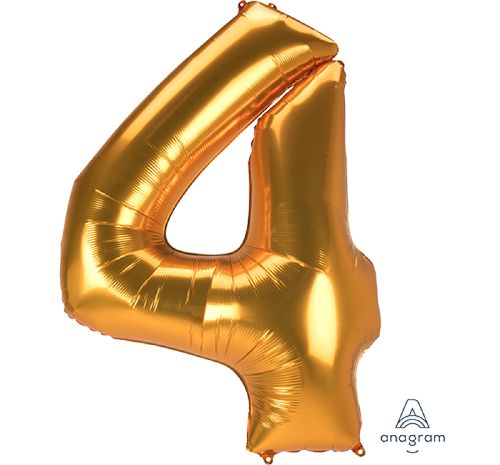 Jumbo gold Number 4 foil balloon, 91cm x 137cm, perfect for celebrations and party themes, reusable and stylish.