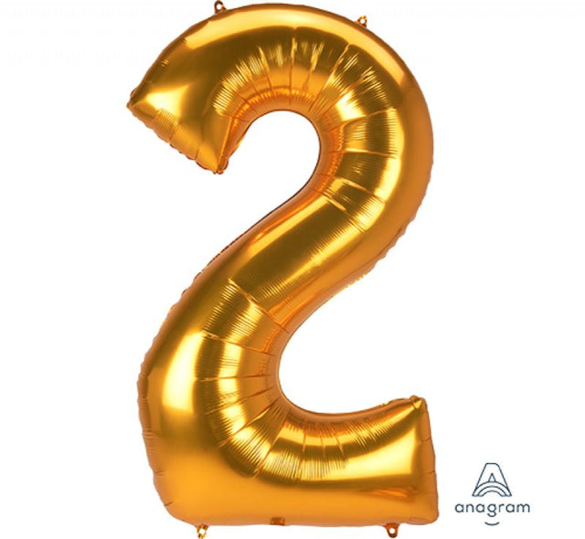 Gold jumbo foil balloon in the shape of the number 2, measuring 78cm x 134cm, perfect for celebrations and decorations.