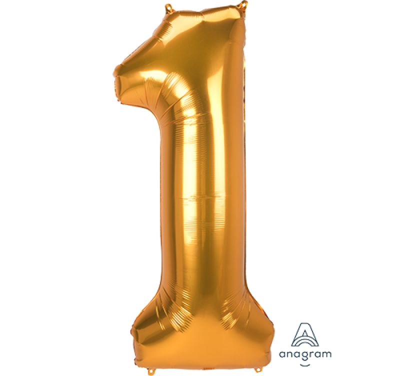 Gold Jumbo Number 1 foil balloon, 55cm x 134cm, perfect for birthdays and celebrations, featuring self-sealing convenience.