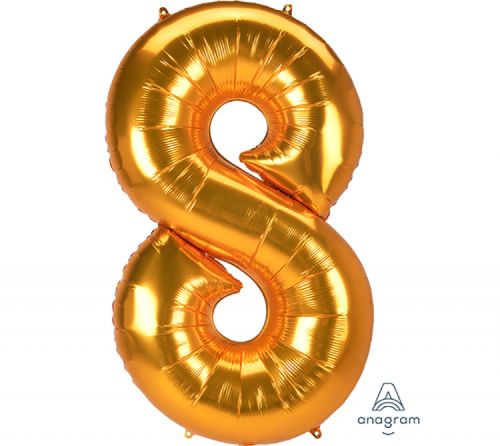 Jumbo gold foil balloon number 8, 78cm x 134cm, perfect for celebrations and festive decorations.