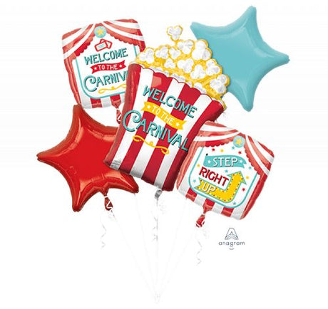 Colorful foil balloon bouquet with a carnival theme, perfect for festive celebrations and children's parties, includes 5 balloons.