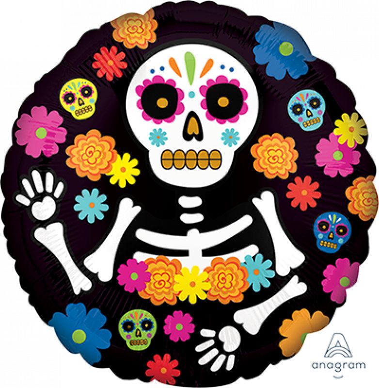 Colorful 45cm Day Of The Dead skeleton foil balloon, perfect for festive celebrations and decorations.