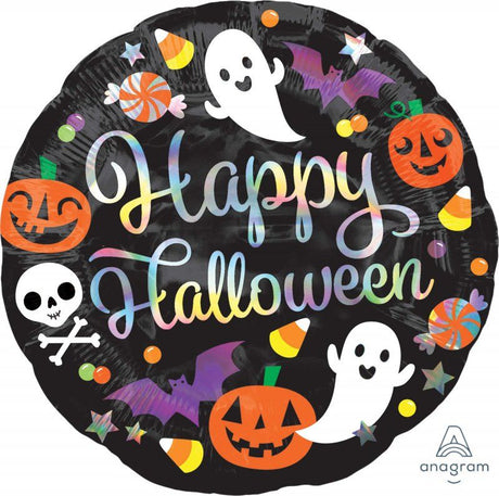 Holographic 45cm Happy Halloween foil balloon, self-sealing, adds festive brilliance to your spooky celebrations.