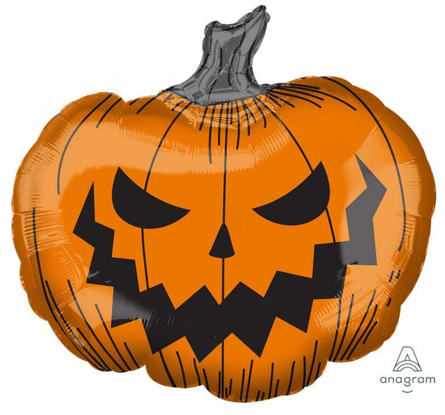 Bright orange pumpkin-shaped foil balloon, 73cm x 68cm, perfect for Halloween parties and festive décor.