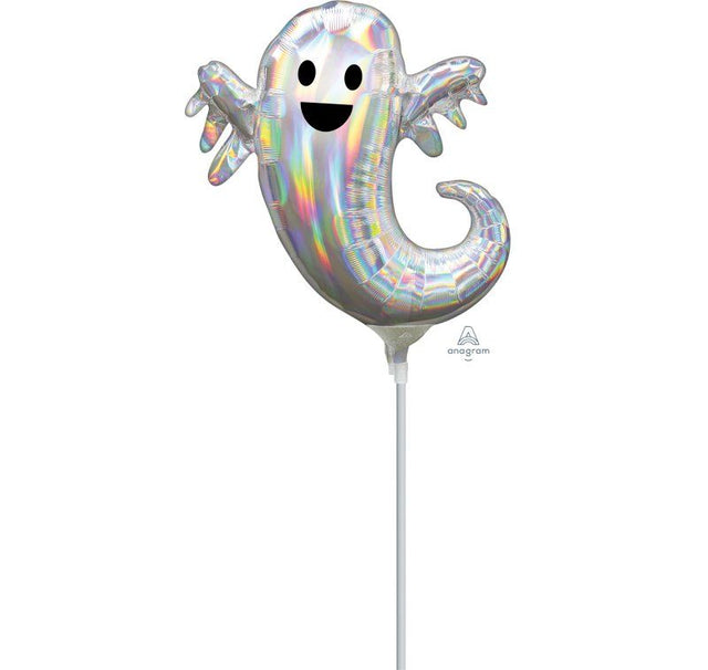 Mini holographic ghost-shaped foil balloon, ideal for Halloween celebrations and vibrant party decorations.