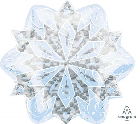 Holographic white and silver snowflake balloon, 46cm self-sealing foil, perfect for festive holiday celebrations.