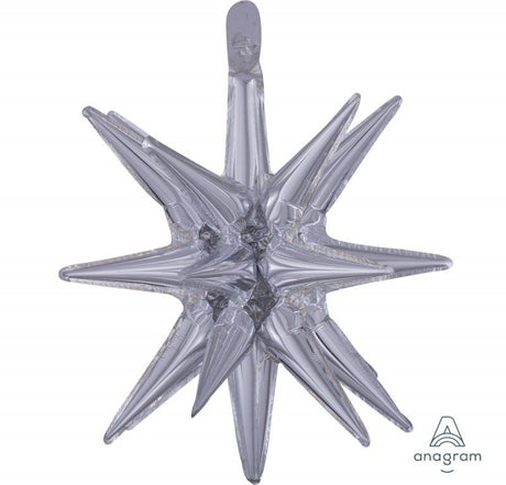 Supershape silver magic star foil balloon, 45cm x 50cm, perfect for festive celebrations and decorations.