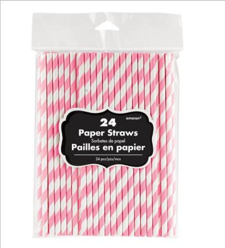 Vibrant pink eco-friendly paper straws, 19cm long, perfect for parties or everyday use, pack of 24.