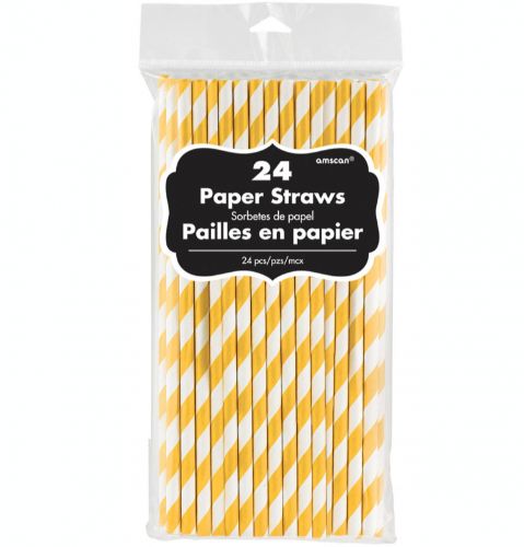 Bright yellow paper straws, 19cm long, eco-friendly pack of 24, perfect for parties and reducing plastic waste.