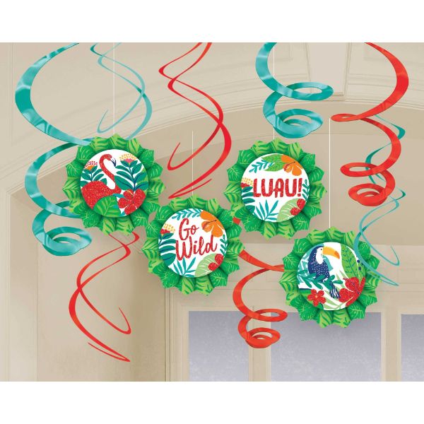 Colorful Tropical Jungle Hanging Glittered Fans and Swirls decorating kit for vibrant themed parties and celebrations.