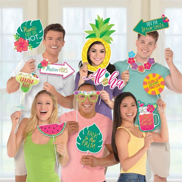 Colorful Aloha Luau Jumbo Photo Props in assorted designs, perfect for enhancing tropical-themed parties and photo opportunities.