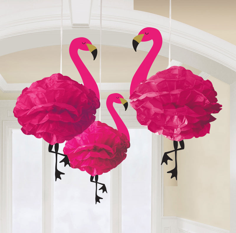 Vibrant pink flamingo fluffy hanging decorations, pack of 3, perfect for tropical-themed parties and home decor.