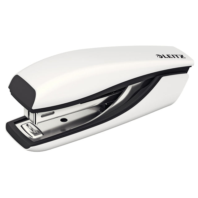 Stylish white metal stapler with Direct Impact Technology, staples up to 30 sheets, includes integrated remover and BX1000 staples.