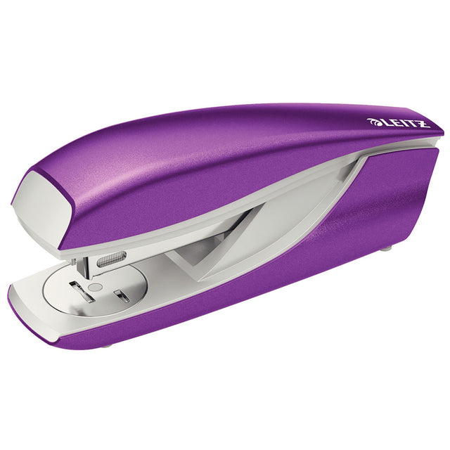 Stylish purple Leitz Nexxt Wow Stapler, staples 30 sheets, features easy push-button anvil and integrated staple remover.