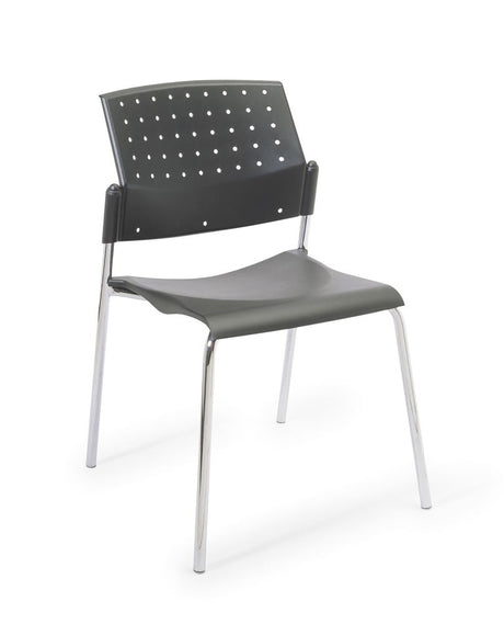 Contemporary black side chair with chrome frame, ergonomic design, stackable, and durable; ideal for various settings.