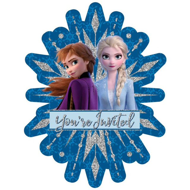 Frozen 2 Jumbo Deluxe Invitations with glitter accents, featuring Elsa and Anna, perfect for themed celebrations (Pack of 8).