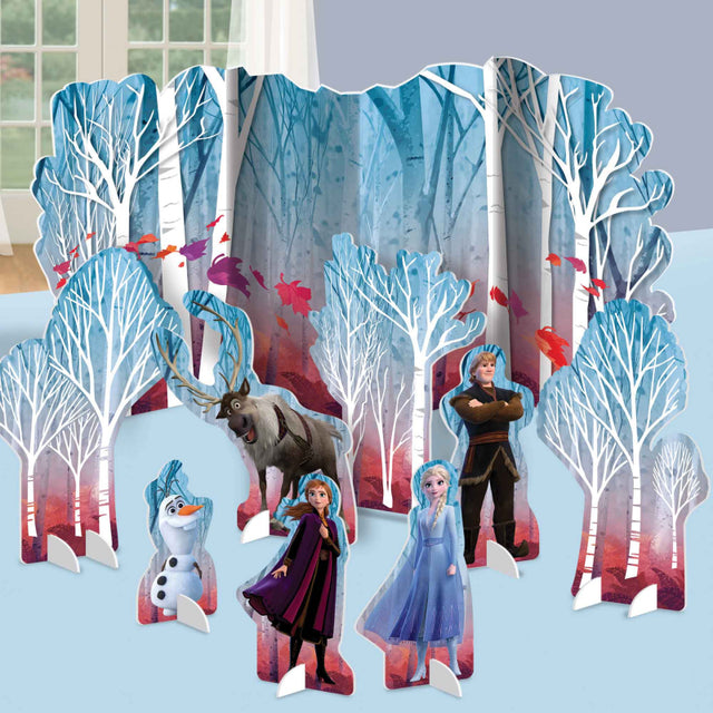 "Colorful Frozen 2 table decor kit featuring various sized centerpieces of beloved characters for magical celebrations."