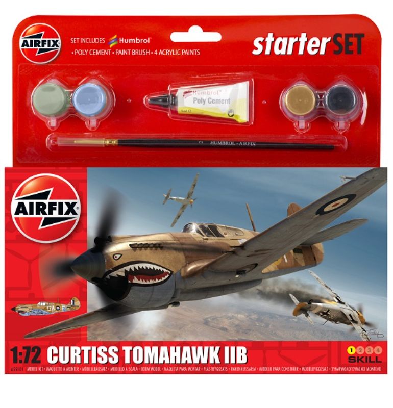 Detailed 1/72 scale model kit of the Curtiss Tomahawk IIB, ideal for beginners and enthusiasts, includes paints, brushes, and glue.