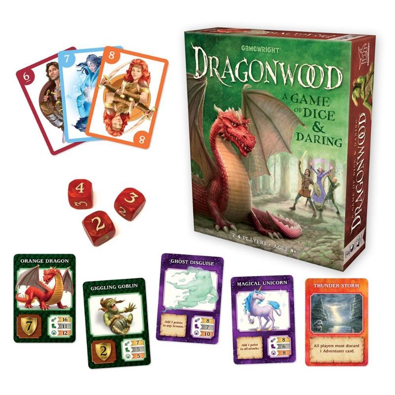 "Players strategize in the Dragonwood Card Game, facing mythical foes like ogres, goblins, and dragons with dice rolls."