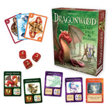 "Players strategize in the Dragonwood Card Game, facing mythical foes like ogres, goblins, and dragons with dice rolls."